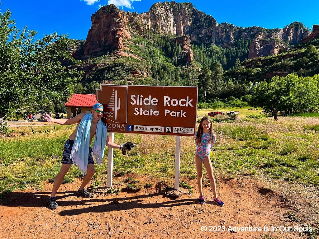 Slide Rock State Park Sign with Dustin and Buttercup
