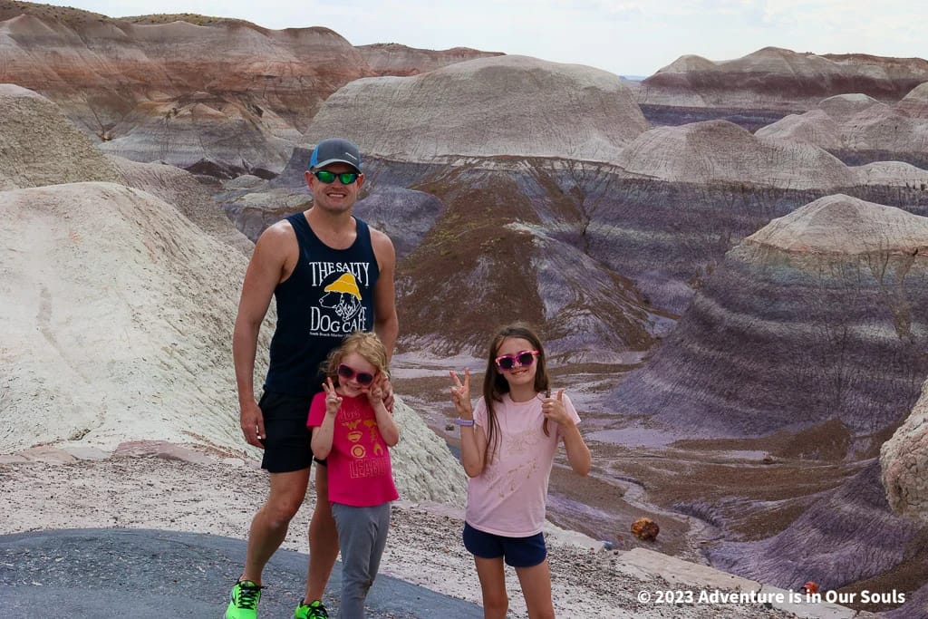 Dustin, Buttercup and Spider Monkey in the Blue Mesa portion of the Petrified Forest National Park